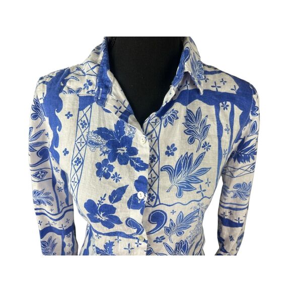 Joie Womens Small 100% Linen Shirt Top Blue White Tropical Floral button up - Picture 2 of 6